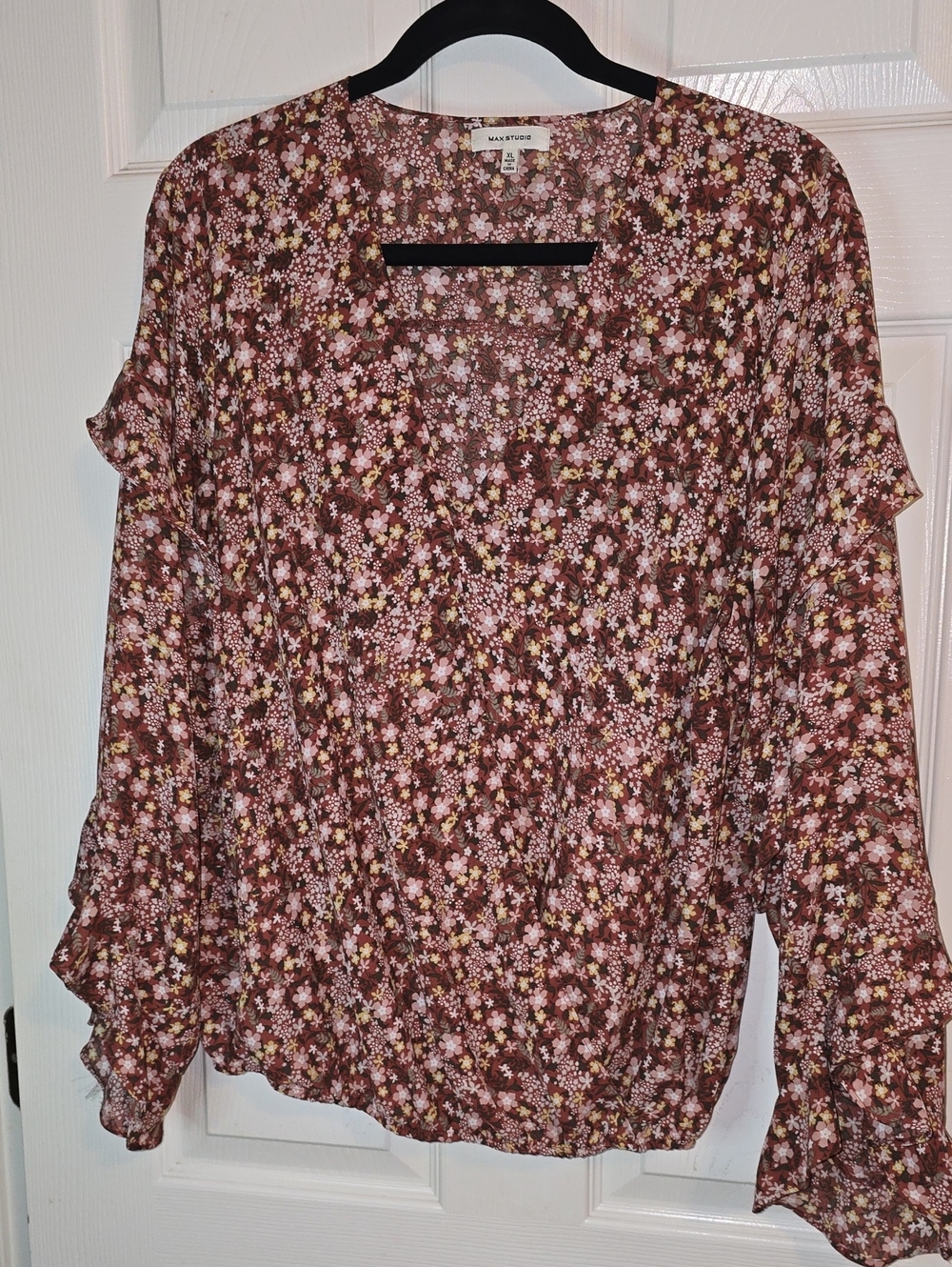 Max Studio Pink and Brown Floral Ruffle Blouse
